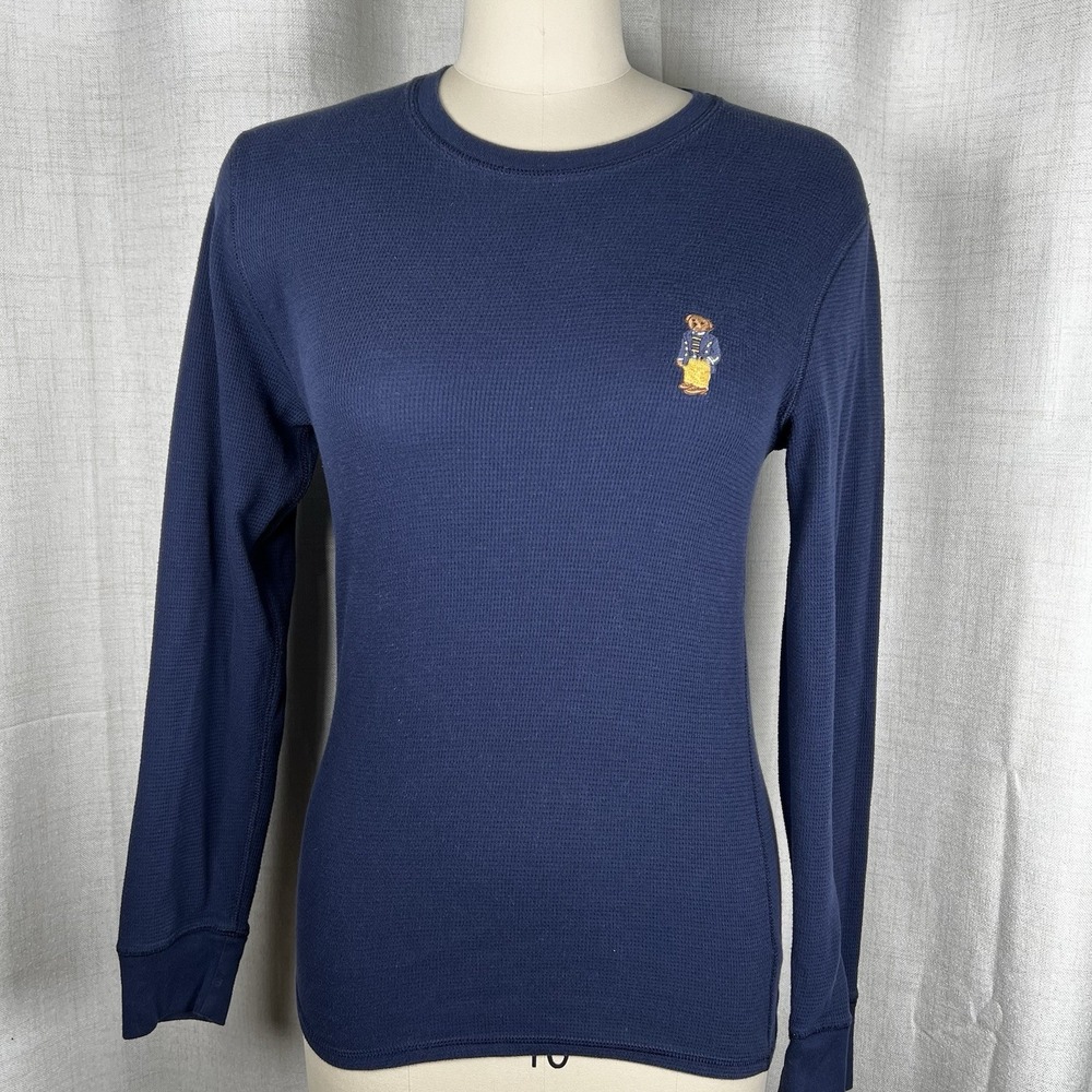 Polo Ralph Lauren Shirt Mens Small Navy Blue Polo Bear Thermal Sleepwear Waffle
